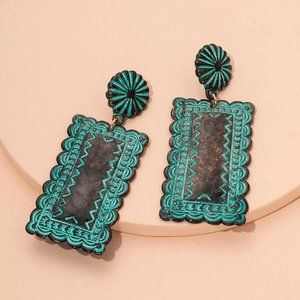 Long Blue Bohemian Geo Drop Earrings